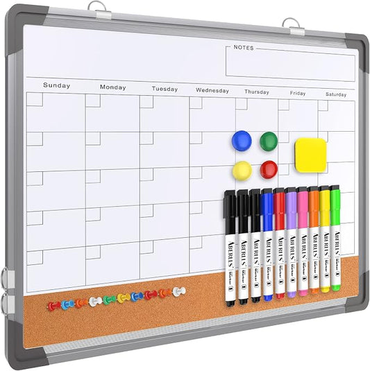 Monthly Calendar Whiteboard for Wall, 17x13 Inches Dry Erase Board with Cork Board Combo, Small Magnetic White Board, Double-Sided Hanging Portable Board for Office School Home Kitchen Planner Memo