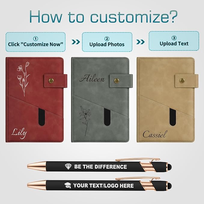 ENOMY Personalized Notebook & Pen Set PU Leather Custom A5 Notebook with Lock 200 Lined Paper Pages Luxury Gift Box for Men Women Travel College Business Gift, Khaki