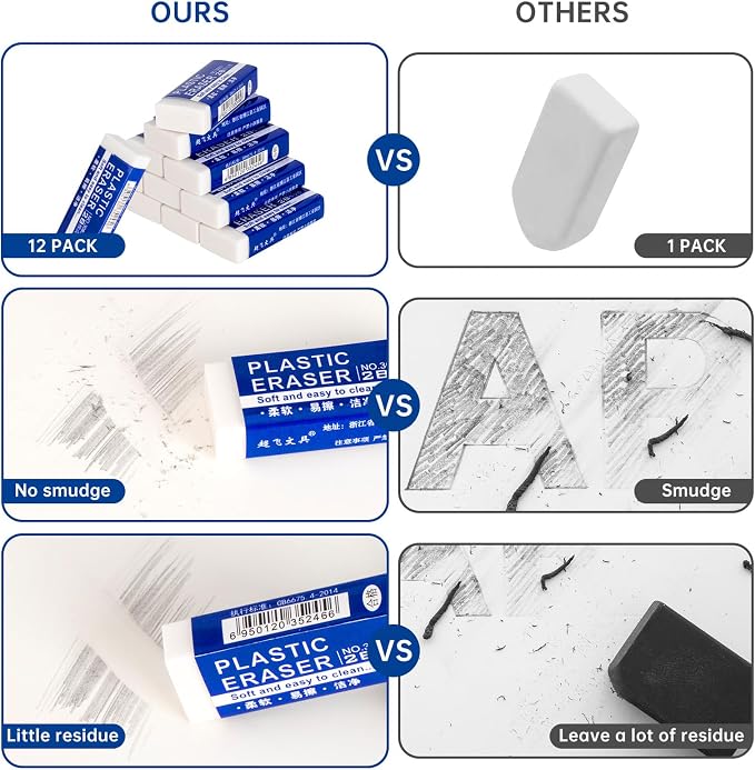 12 Pack Pencil Erasers, Large White Erasers for School, Art Erasers for Kids Drawing Bulk