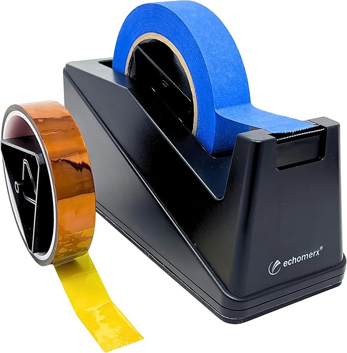 Echomerx Desk Tape Dispenser, One-Handed, Weighted Non-Slip, 1" & 3" Cores | For Masking, Painters, Heat, Sublimation, Kapton, Craft, Gift Wrapping & Scotch Tapes up to 1.1" Wide, Large & Heavy Duty