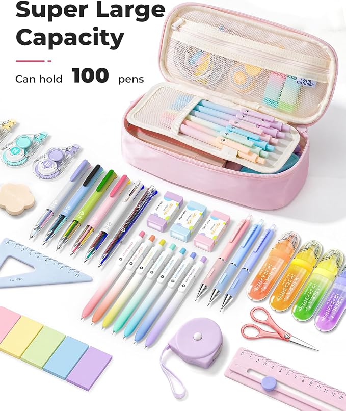 Four Candies Large Pencil Case, 5 Compartments Pen Organizer, Big Capacity Canvas Pencil Pouch Bag for School Supplies, Portable Stationery Holder for Teen Girls, Women (Pink)
