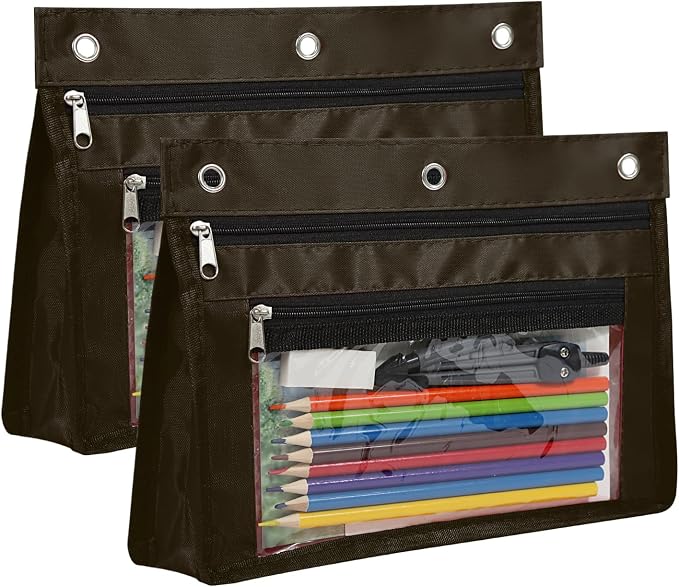 YoeeJob 2 Pack 1 Inch Expandable Zipper Pencil Pouches with Clear Window for 3 Ring Binder, Suitable for School & Office（Coffee Color）