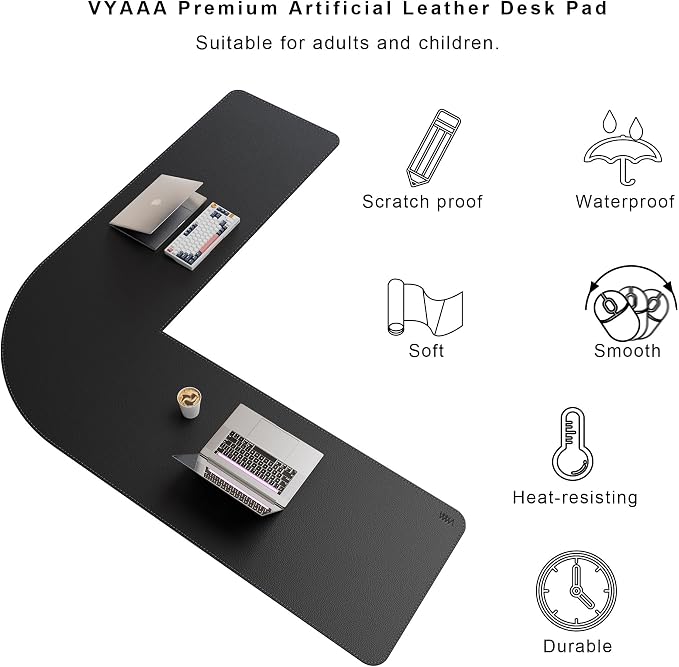 Vyaaa (62"+62") x 20" L Shaped Leather Desk Pad (Black), Dual-Sided Reversible PU Leather Desk Mat, Extra Large Mouse Pad, Compatible with L Shape Computer Desk for Home or Office