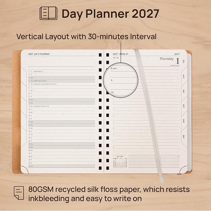 POPRUN 2027 Daily Planner One Page Per Day, Recycled Paper Planner with 5.75" x 8.5", Calendar Book with Italian Regenrated Leather Hard Cover, Hourly Time Slots, Spiral Bound, Monthly Tabs - Black Grey