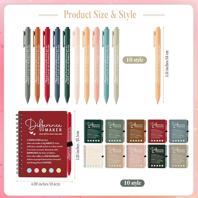 Resurhang 25 Sets Difference Maker Employee Appreciation Gift Bulk Inspirational A6 Spiral Notebook Journal Ballpoint Pens for Teacher Volunteer Coworker Team Back to School (Warm Colors)