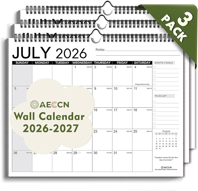 Calendar 2026-2027 18 Months 3 Pack-Simple | 14.4" x 11.4"| 110GSM Thick Paper | No-Bleed | Stickers Attached | Home, School & Office Use