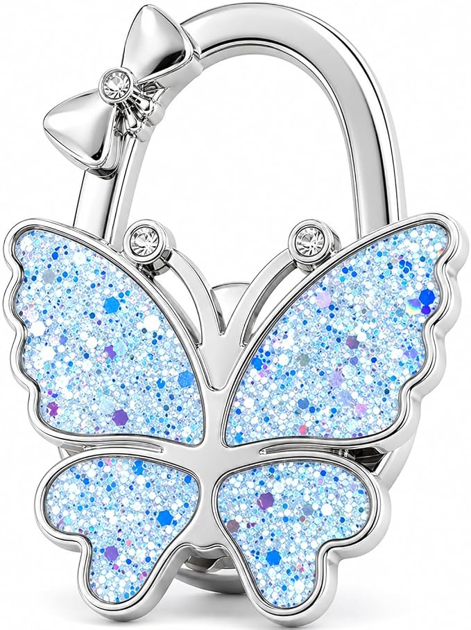 Purse Hook for Table, Foldable Handbag Hanger for Women, Portable Bag Holder with Non-Slip Base, Cute Bling Light Blue Butterfly Purse Table Hook for Restaurant Office Travel Gift