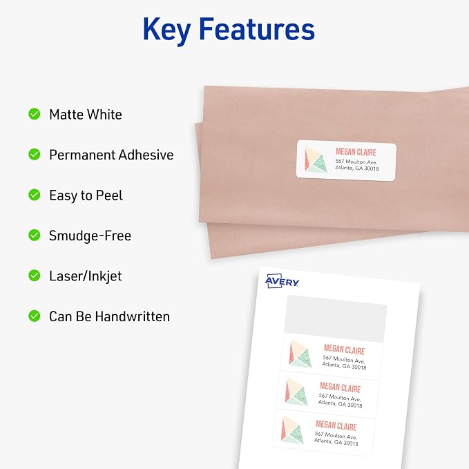Avery Printable Mini-Sheets Address Labels, 1" x 2-5/8", White, Permanent Adhesive, Laser/Inkjet Compatible, 200 Blank Stickers Total, Great for Printing a Few Labels at a Time (2160)