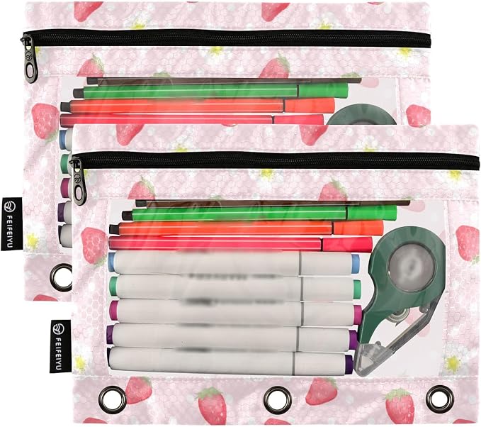 Strawberry Pink Floral Pencil Pouch Fits standard 3-ring binders, Zipper Binder Pencil Bag with Clear Window for Office 2 Pack