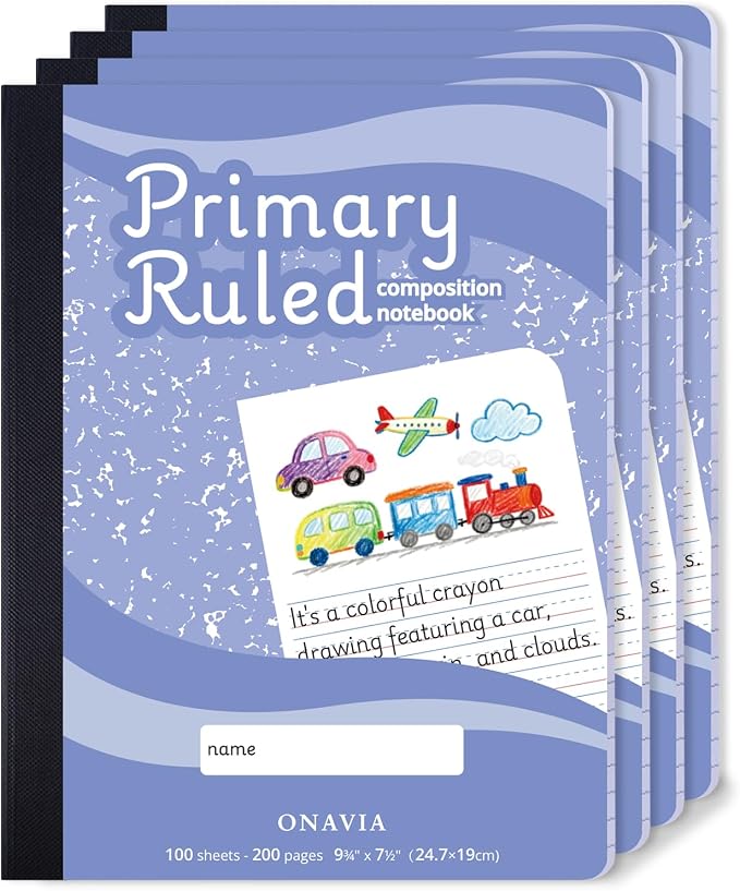 ONAVIA Primary Composition Notebook 4 Pack, Picture Space, 200 Pages Marble | 100 ct, 9.75 x 7.5 in, Primary Journal Grades K-2, Picture Space, Writing Practice, Kindergarten, Notebook for Kids