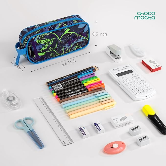 Choco Mocha Kids Pencil Case for Boys, Soft Zipper Pencil Pouch for Boys, Kids Pencil Case for School Dinosaur Pencil Bag for Toddler Boy, Navy Blue