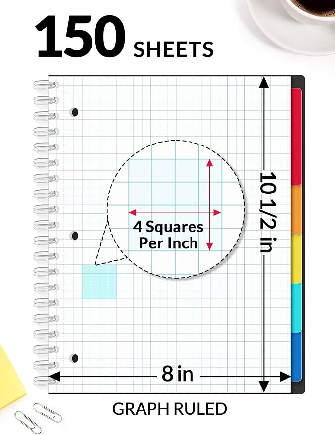 SUNEE Graph Paper Notebook 4x4 Grid Ruled – 300 Pages, 5 Tabbed Pocket Dividers, 8"x10.5", 3 Hole Punched, Durable PP Cover – Spiral Grid Notebook for Engineering, Work, School, Black