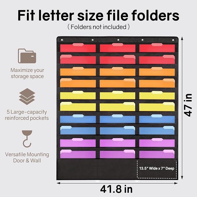SUNEE 30 Pockets Hanging Wall File Organizer, Black Storage Pocket Chart for File Folder and Paper, Space Saver for Office and Classroom, with Wall Hangers, Over The Door Hooks, Labels