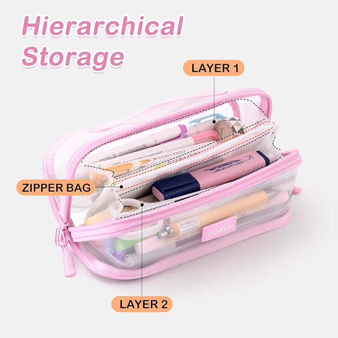 CICIMELON Transparent Mesh Pencil Pouch with Handle Big Case Clear Pen Bag College Essentials School Supplies, Pink