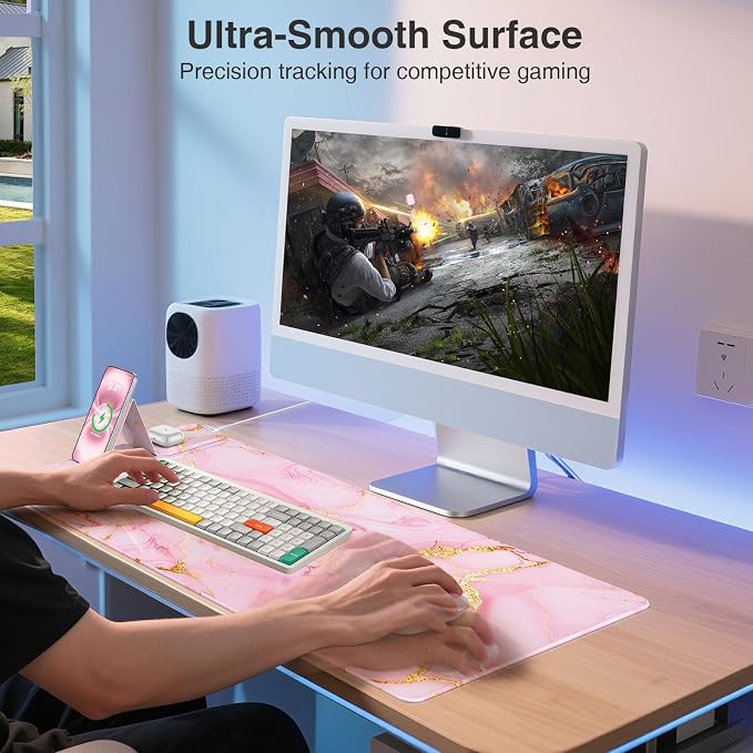 Wireless Charging Mouse Pad with Foldable Phone Holder, Pink Marble | 31.5"x15.8" Large Desk Mat for Laptop/Keyboard, Waterproof Ultra-Smooth Surface, Non-Slip Base