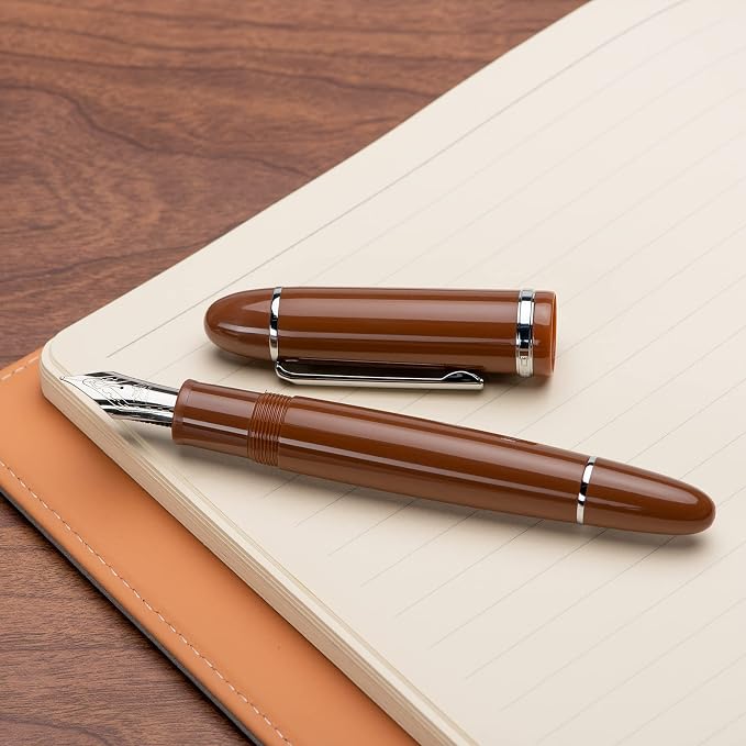 Jinhao X159 Brown Acrylic Fountain Pen, Size 8 Extra Fine Nib Silver Trim Classic Design Smooth Writing Pen with Converter