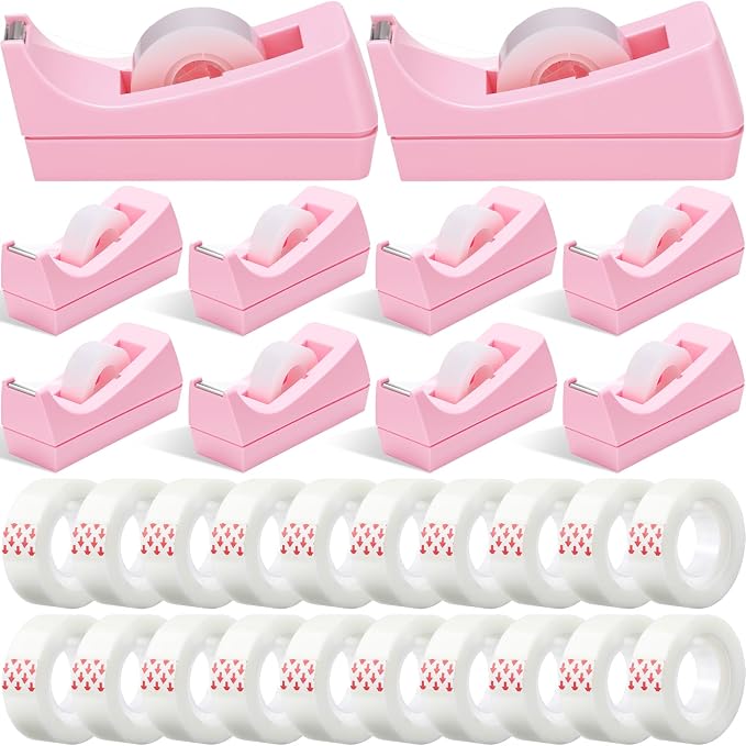 Yahenda 10 Pack Pink Desktop Tape Dispenser Non Skid Base with 0.7 x 985 Inches Invisible Tape Refills Bulk Weighted Roll Dispenser for Office Home School