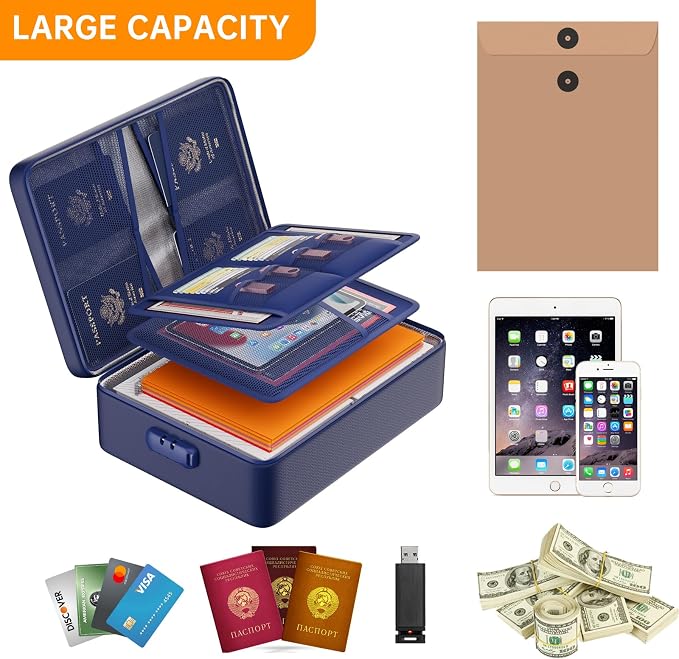 DocSafe 5200°F Fireproof Document Organizer Box with Lock, Blue (Soft) | Heat Insulated 8 Layers File Protection Bag,Water-Resistant Zipper,Portable Home Office Travel Safe Storage for Files,Laptop