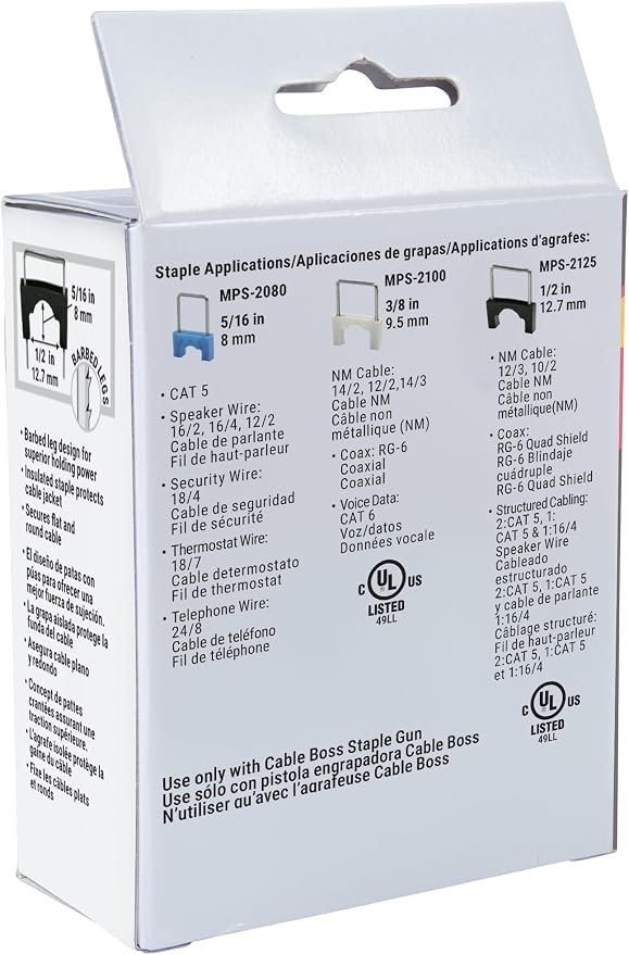 Gardner Bender MPS-2125 CableBoss Staple, ½ Inch., Secures Coax: RG-6, (NM) Non-Metalic Cable: 10/2, 12/3, CAT 5e and 16/4 Speaker Wire, 200 Pk., Black