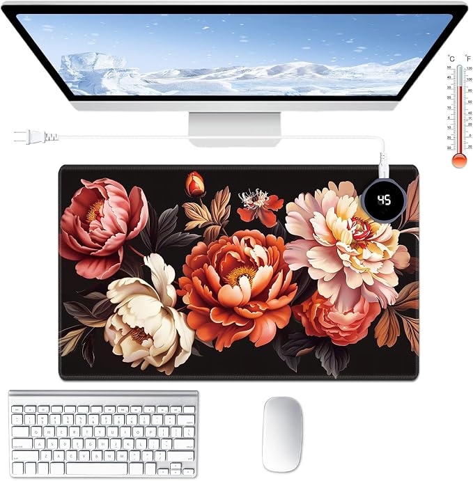 Heated Desk Pad Large Mouse Pad 23.6 x 14.1 inch with 3 Levels Heating & Auto Shut-Off Warm Mouse pad PU Leather Computer Mousepad for Home Office Work - Pink and Red Flower