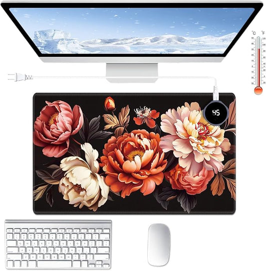 Heated Desk Pad Large Mouse Pad 23.6 x 14.1 inch with 3 Levels Heating & Auto Shut-Off Warm Mouse pad PU Leather Computer Mousepad for Home Office Work - Pink and Red Flower