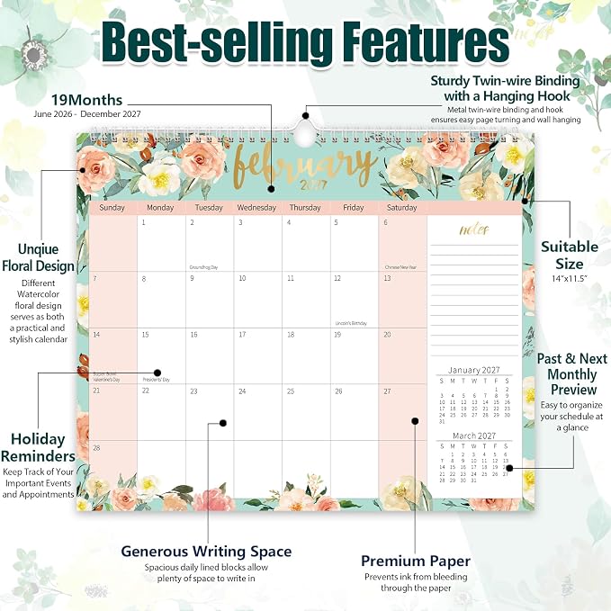 GuassLee Wall Calendar 2026-2027, Calendar Wall 2026, 19-Months Hanging Calendar Jun. 2026 to Dec. 2027, 14" x 11.5" Monthly Planner Wall with Thick Paper for Office School Home Teacher Academic