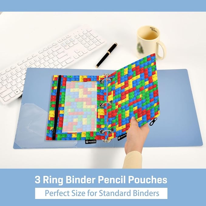 Gredecor 3 Ring Binder Pencil Pouch, Plastic Building Blocks-1 Zippered Pen Case Pouches with Clear Window, 2 Pack Stylish Office & School Supplie