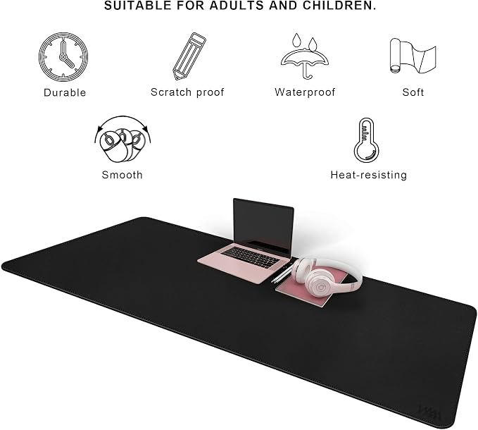 Vyaaa PU Leather Desk Mat 63"x24" Waterproof Non-Slip Large Desk Pad Mouse Blotter (Black)
