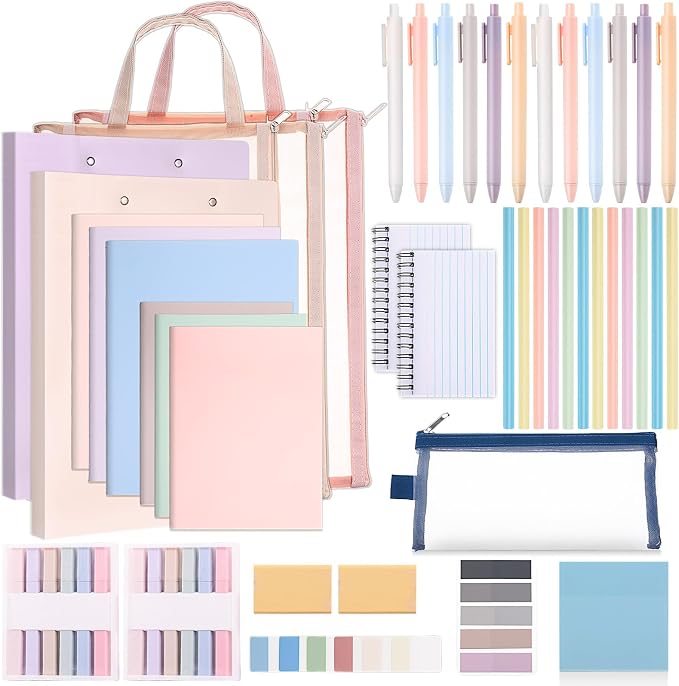 Colarr 54 Pcs Aesthetic College School Supplies Back to School Set,Macaron | 3 A5 + 3 B5 Lined Notebook, 12 Gel Pen, 12 Pencil, 12 Highlighter, Sticky Tabs, Folder Storage Bag, Journal Stationery Set