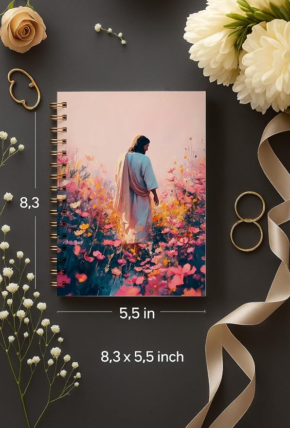 bitCNY Inspirational Jesus Notebook 8.3x5.5 Inch – Jesus in Flower Garden Spiral Journal, Pastel Christian Notebook with Lined Pages for Prayer & Study