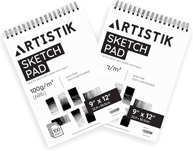 ARTISTIK Spiral Sketch Pad – 100-Sheet Perforated Sketchbook for Pencil, Pastel & Crayon – 100 g/m²(68lb) Mixed Media Sketching & Writing Pad – 9" x 12", Pack of 2