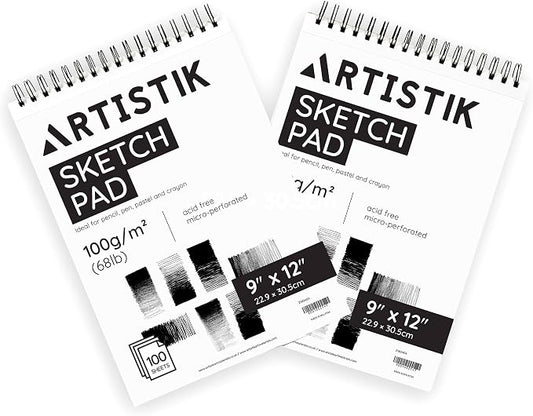 ARTISTIK Spiral Sketch Pad – 100-Sheet Perforated Sketchbook for Pencil, Pastel & Crayon – 100 g/m²(68lb) Mixed Media Sketching & Writing Pad – 9" x 12", Pack of 2