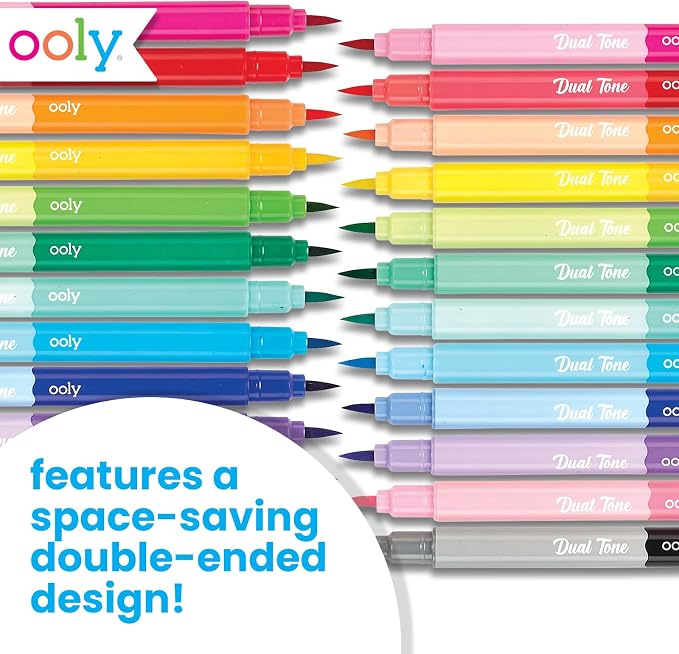 Ooly Dual Tone Calligraphy Markers, Set of 12, 24 Colors | Brush Tip Pens for Writing and Hand Lettering, 24 Colors, Acid-Free Ink, Great for Kids and Adults, Ages 8+