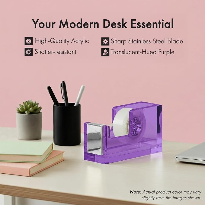 OfficeGoods Acrylic Tape Dispenser – Modern Desk Organizer for Office Supplies, Heavy Duty Refillable Tape Holder for Home and School Crafting, Stylish Desktop Accessory for Gift Wrapping, Purple