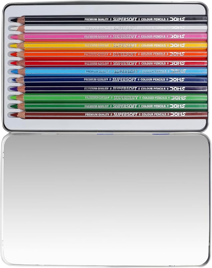 Doms Supersoft Non-Toxic Colour Pencil Set in Flat Tin Box (12 Assorted Shades)