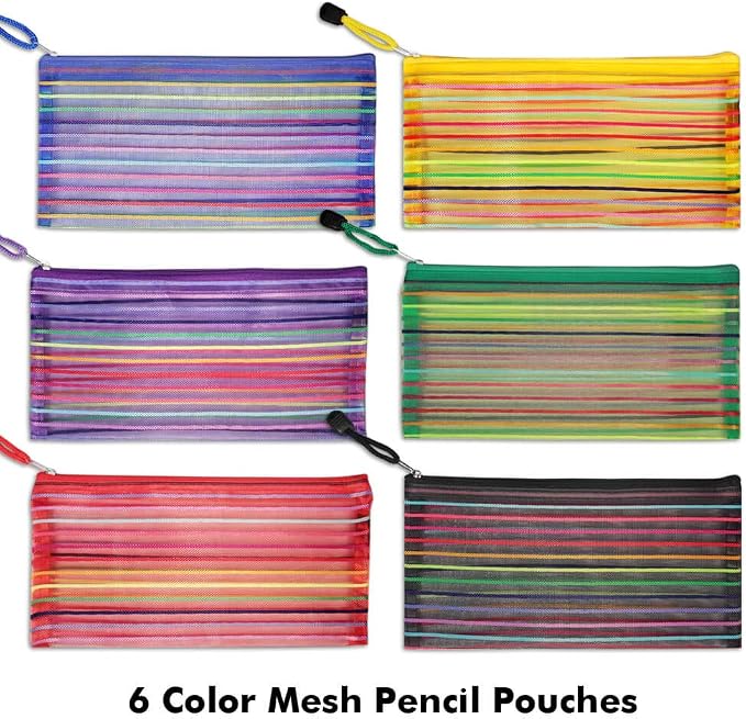 selizo 6 Pcs Pencil Pouch Plastic Pencil Cases Zipper Mesh Pouch Bag for Office Pen Cosmetic Makeup