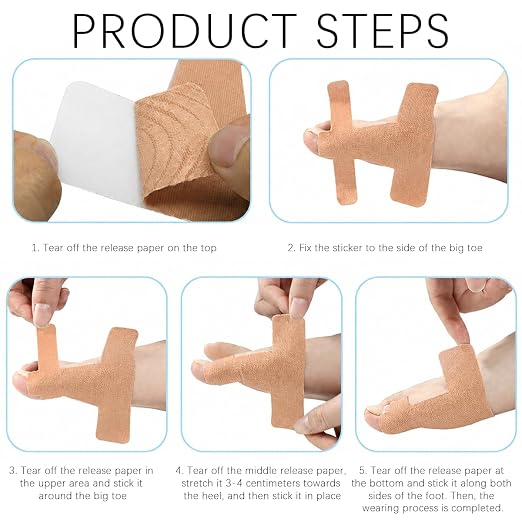 60PCS Pre‑Cut Bunion Corrector Kinesiology Tape– Elastic, Breathable & Hypoallergenic Latex-Free Toe Support Strips, Waterproof Adhesive Foot Support Patch for Hallux Valgus Correction(Skin color 60PCS)