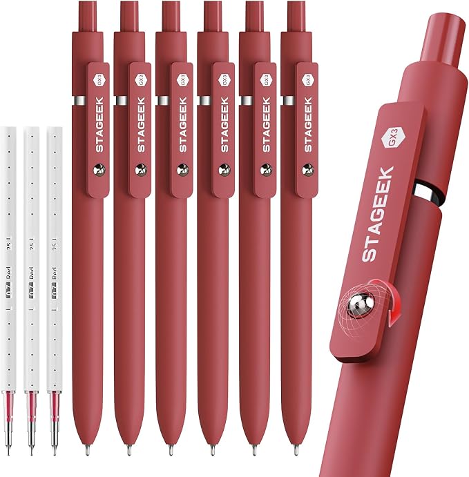 STAGEEK Red Gel Pens GX3, 6Pcs Quick Dry Red Ink Pens with 3 Extra Refills, Fine Point Retractable Smooth Writing Pens for Journaling, Note Taking, School Supplies, Nurse Aesthetic, Office(Red)