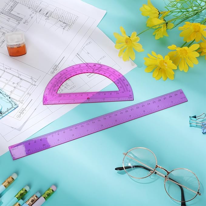 Zonon 2 Pcs 12 Inch Clear Ruler and 6 Inch Plastic Protractor Set, Dual Scale Inch/Cm Math Geometry Measuring Tools for Back to School Students Teachers Classroom Office Drafting Use(Purple)