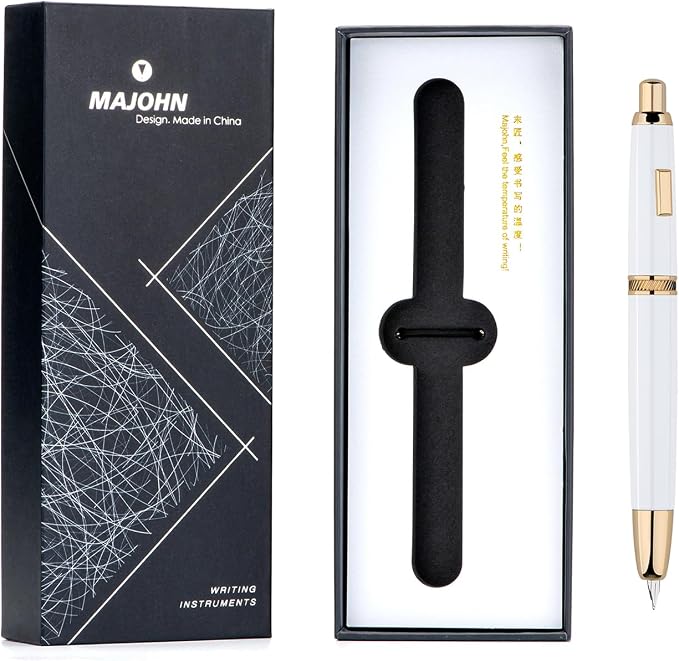 Majohn A1 Press Fountain Pen Fine Nib with Converter, Retractable White Golden Writing Set (No Clip Version)