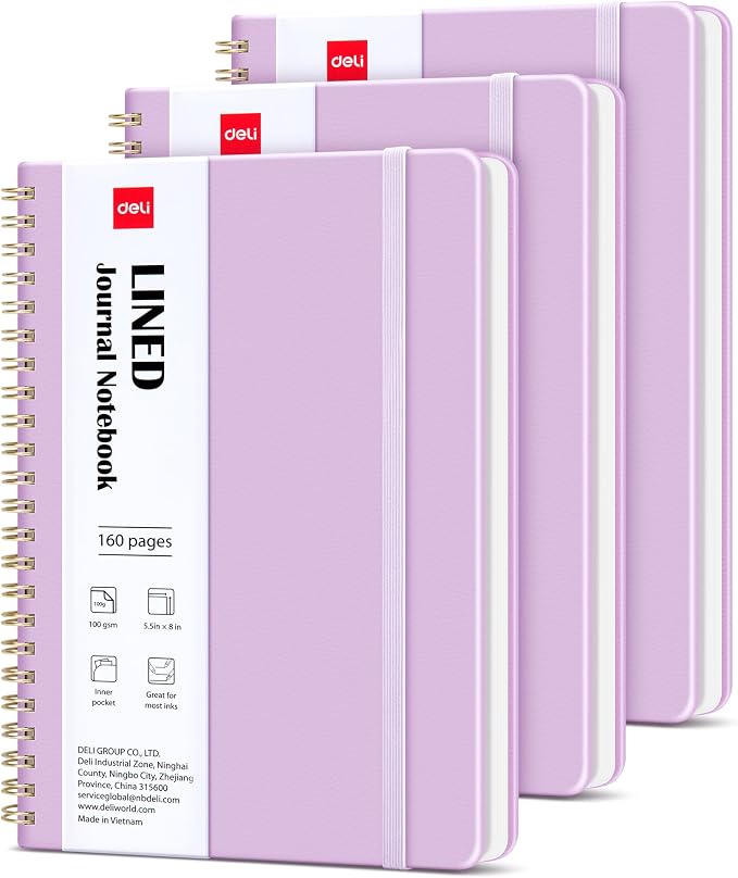 deli 3 Pack Lined Spiral Journal Notebook, 160 Pages, A5 (5.5"x8") Hardcover Writing Notebook, College Ruled Spiral Bound Journal for Women & Men - Perfect for Work, School, Office & Note Taking