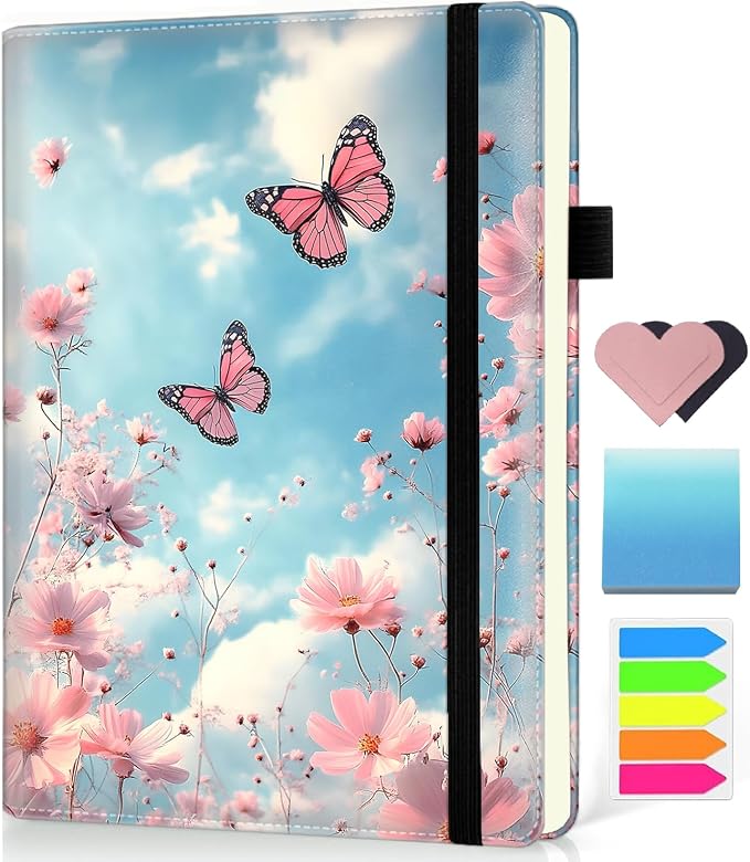 Hardcover Executive Notebooks, A5 PU Leather Lined Journal Notebook, 200 Pages Thick Paper Subject Notebooks for School,Work,Home Writing Business Notebook, Diary Book ，Butterflies and Pink Flowers