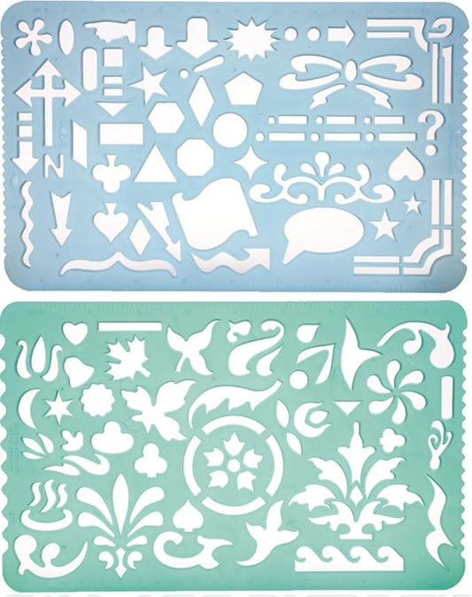 Set of 2 Plastic Stencil Art Templates Drafting Ruler with Various Cut Out Designs for Art and Craft Projects, Artistic Drawing, Tracing, Painting - Ideal for Professionals, Students and Kids