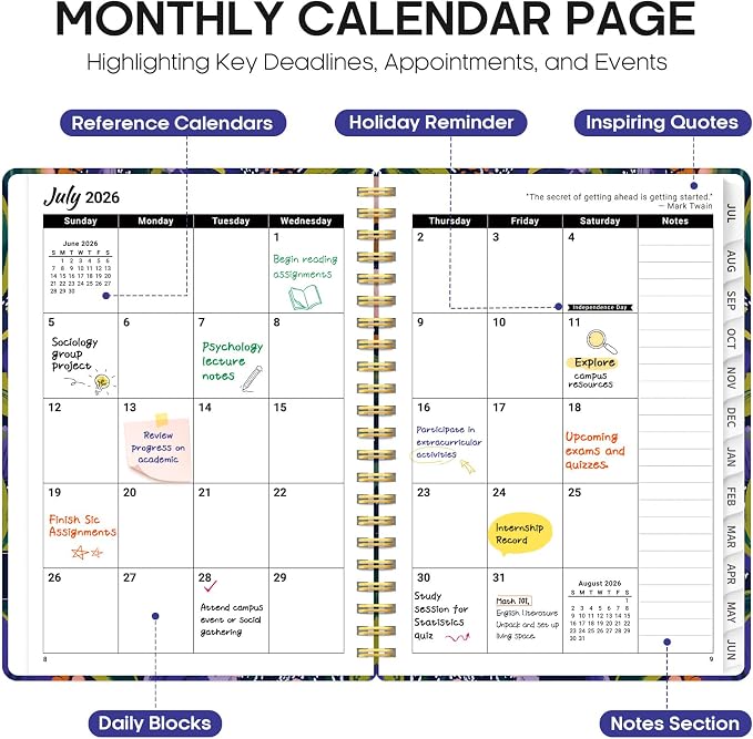 Planner 2026-2027, Academic Year Monthly and Weekly Calendar Planner, Jul 2026 - Jun 2027, Hardcover Teacher Student Planning Agenda book with Tabs, Perfect for School Office Supplies, 6.3" x 8.5" - Petal Rhythm