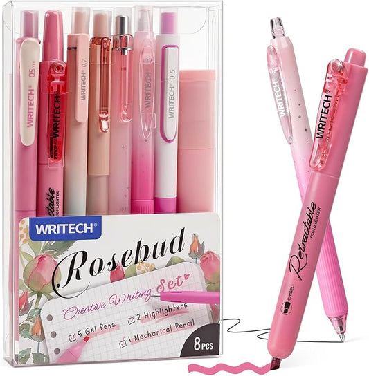WRITECH Gel Pens Journaling Highlighters: Pink Journal Set Assorted Pastel Color 0.5mm&0.7mm Fine Point Retractable Black Ink Pen Mechanical Pencil Smooth Writing Drawing 8ct