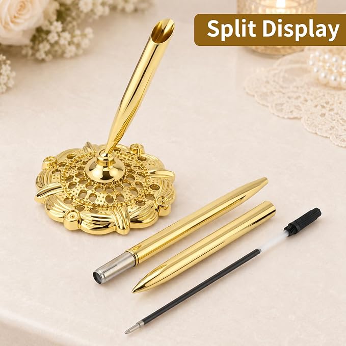 2 Pcs Gold Bridal Shower Pens for Guest Book with 360° Rotating Metal Pen Holder, Wedding Guest Book Signing Pen Set, Durable Metal Ballpoint Pens for Reception Table Decor
