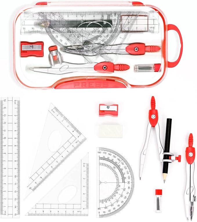 Unjoo Geometry Set 10 Pcs Student Supplies, Protractor and Compass (Red) | Shatterproof Storage Box,Rulers,Protractor,Compass,Eraser,Pencil Sharpener,Lead Refills,Pencil,for Classroom, Back to School