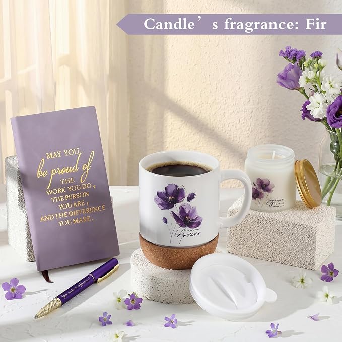 Sayglossy 4 Pcs Thank You Gift Set for Women Back to School Teacher Appreciation Gift Leather Notebook Purple Flower Coffee Mug Scented Candle Ballpoint Pen for Employee Coworker DSP Housekeeping Week