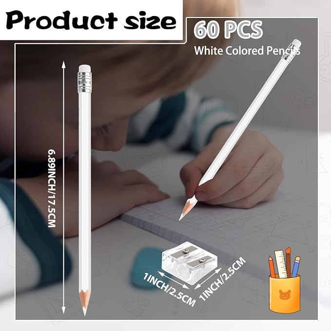 60 PCS White Colored Pencils with Eraser Pre Sharpened Pencil 2 HB - Ideal for Checking, Grading, Tests & Office/School Supplies (White)