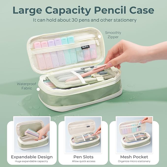 Nicpro Aesthetic School Supplies Stationary Set with Pen Case, 39 PCS Green | Back to Schoo Supplies, Pen Case with 12 Highlighter, 5 Gel Pen, 6 Mechanical Pencil, Essentials for College, Nursing Student